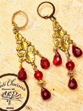 Victorian Natural Carnelian In Opulent Artisan Chandelier Gold Plated Earrings